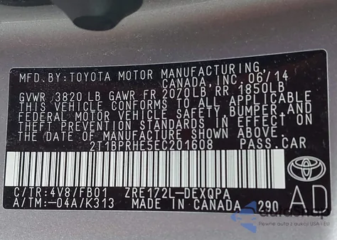 2014 Toyota Corolla Le Eco из США, поврежденный, VIN 2T1BPRHE5EC201608